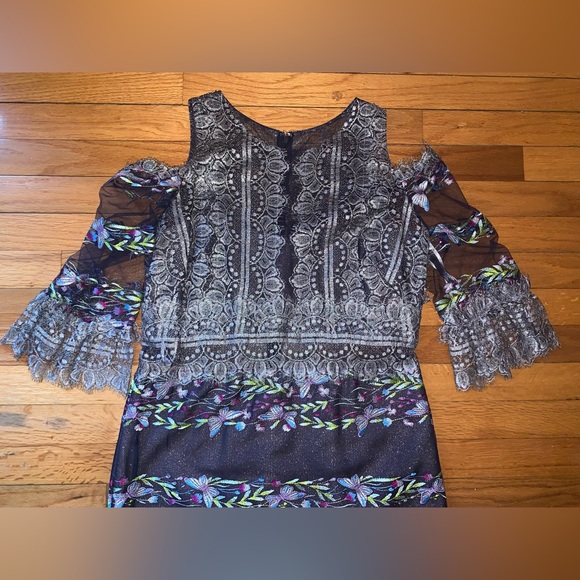 Marchesa Notte Cold-shoulder embroidered lace and tulle midi dress 12 NEW - Picture 10 of 12